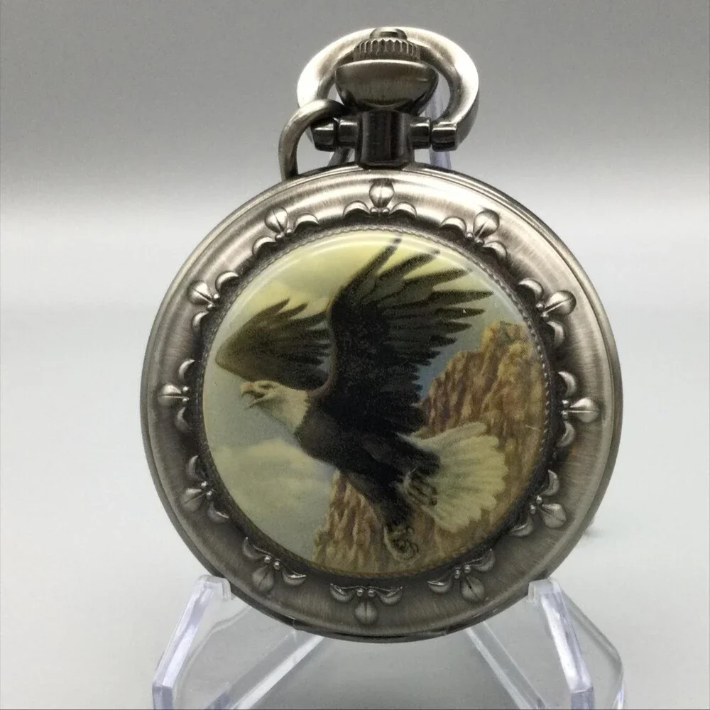Majesti Bald Eagle Pocket Watch Men 51mm Silver Tone Full Hunter New Battery